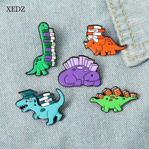 XEDZ Dinosaur Toy Enamel Brooch Cartoon Animal Brontosaurus Tyrannosaurus Punk Badge Children Jewelry Gift