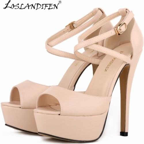 LOSLANDIFEN Women Sandals Sexy Peep Toe 14CM Extremely High Heels Sandal Platform Matte Buckle Wedding Party Shoes 817-8MA