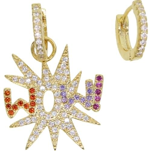 2021 Gold filled summer fashion WOW letter Dangle Earrings for women orange purple cz paved charm Delicate asymmetric jewelry