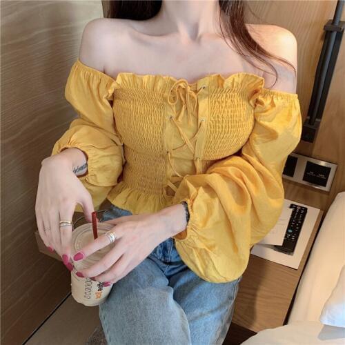 Solid Ladies Chiffon Tops Lace Up Ruffles Puff Sleeves Women Casual Top Square Neck Fashion Slim Chiffon Female Short Style Tops