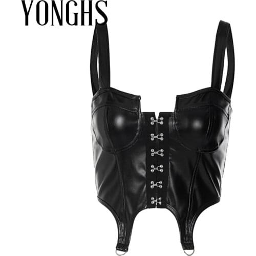 Women Rave Pole Dance Top Adjustable Strap Front Closure PU Leather Crop Top Sleeveless Backless Asymmetric Hem Vest Clubwear