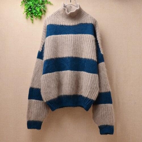 Women ladies winter plus size plush 100% mink cashmere long sleeves pullover angora rabbit fur bottoming blouses sweater stripes