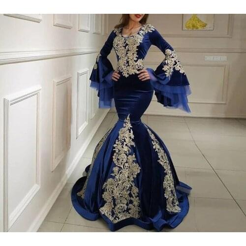 Royal Blue Velvet Prom Dress 2021 Appliques Long Sleeve Evening Formal Party Gowns robes de soirée