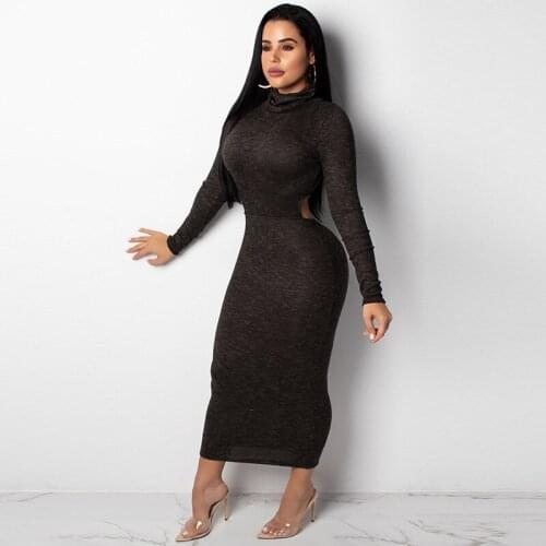 Women Lady Solid Long sleeve Cut-out Hollow Bodycon Long dress Party Casual Sexy Vestidos O Neck Basic Stretch Slim Clothes Fall
