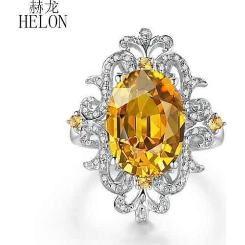HELON Solid 14k White gold Certified Oval 9.5x13.5mm Genuine Natural Citrine Diamond Wedding Ring Women Special Flowers Jewelry