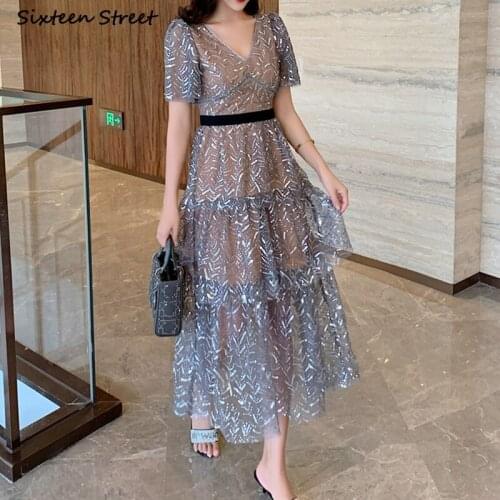 Gray V-neck Embroidery Mesh Dress Woman High Waist Elegant Evening Party Dresses Female Runway Maxi Dress Vestido De Mujer