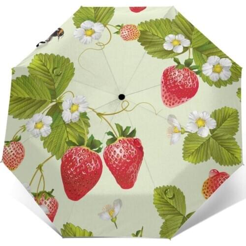 Wind Resistant Fully-Automatic Umbrella Strawberry Tea With Flowers And Leaves Rain 3 Folding Parasol Travel Car Umbrella