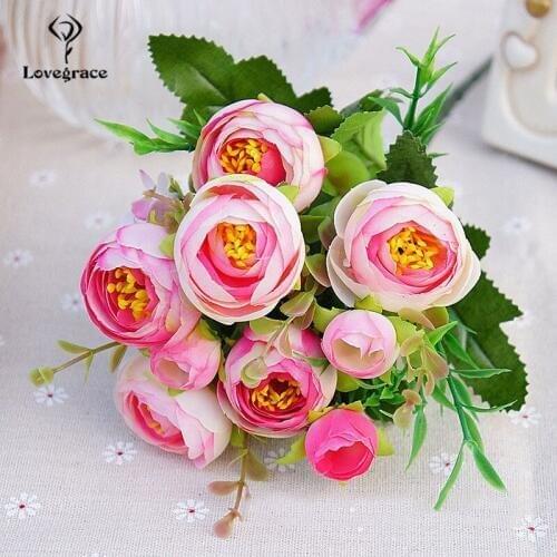 10 Heads Small Tea Roses Artificial Silk Flowers Fake Roses Flores Wedding Table Home Party Spring Vase Decoration Faux Flowers