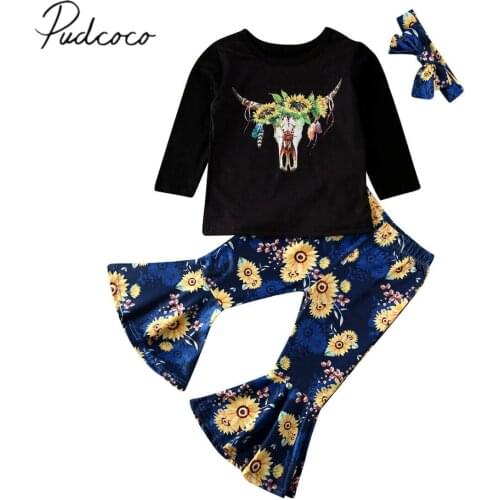 2020 Baby Summer Clothing 3PCS Toddler Baby Girl Tracksuit Clothes Cotton OX Long Sleeve T-shirt Sunflower Flare Pants Outfits