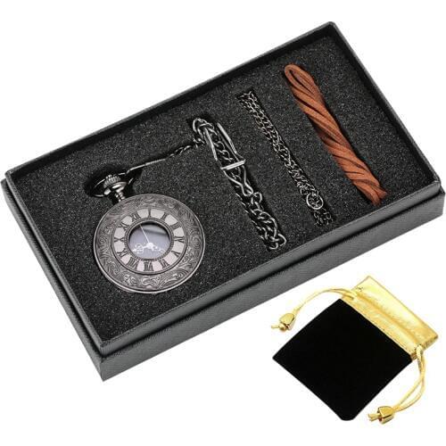 5pcs/set Vintage Black Unisex Roman Numerals Quartz Punk Pocket Watch Necklace Pendant Storage Box Jewelry Set as Souvenir Gifts