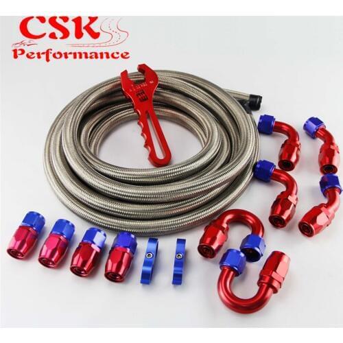 AN12 Stainless Steel/ Nylon Braided Oil Line / Hose +Fitting Hose End Adaptor w/ Wrench Tools Spanner Kit Silver/Black