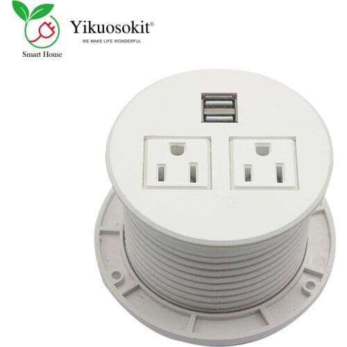 Round Mini US Plug Power Socket Dual 5V 2.1A 2 USB Charging Port Desktop Grommet Tabletop Outlet AC100-125V