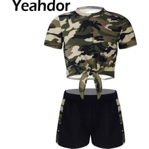 Kids Girls Summer Dance Sportwear Leopard Camouflage Print Outfit Round Neck Short Sleeves Crop Tops T-shirt and Shorts Set