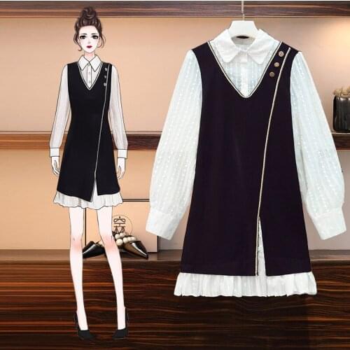 EHQAXIN Plus Size Women Cute Ruffle Short Dress Autumn 2021 Turn-Down Collar Long Sleeve Shirt Patchwork Loose Ladies Dresses