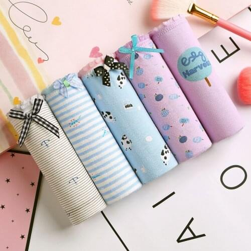 5 Pack Womens Underwear Set Pure Cotton Soft Fabric Mid-Waist Large Size Briefs Youth Fun Pattern Student Underwear