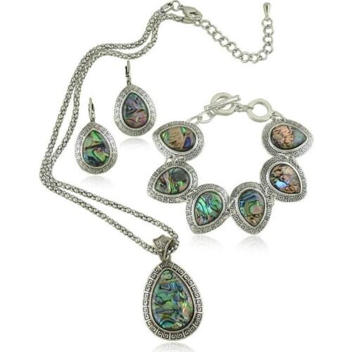 Silver Plated Abalone Shell Water Drop Pendant Necklace Earrings for Women Bracelet Fashion Jewelry Sets