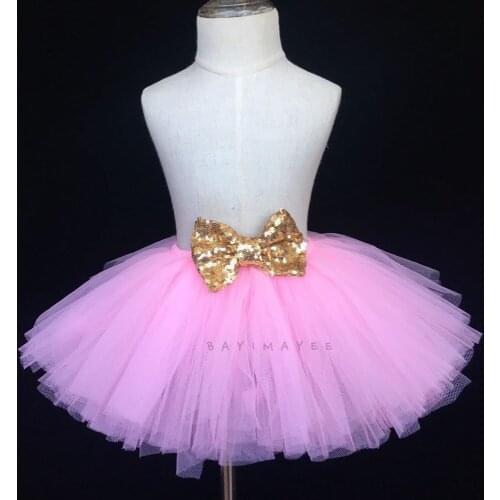 Hot Girls Pink Tutu Skirt Girls Tulle Glitter Pettiskirts Ballet Dance Tutus with Gold Sequin Bow Kids Party Costume Skirt Cloth