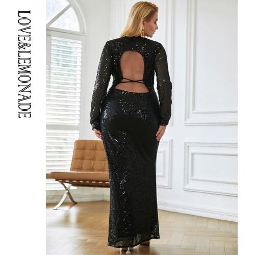 LOVE&LEMONADE PLUS SIZE Sexy Black Round Neck Open Back Bodycon Long Sleeve Sequin Maxi Dress LM83661P