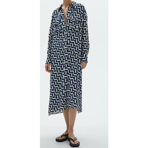 MD2021 Fashion Simple Geometric printing Long Sleeve Mididress Female England Style Front Button Fitted Tie Sashes Dress Mujer