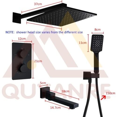 Vidric Vidric Black Thermostatic Bath Shower Faucets Kit 3-way Black Thermostatic Embedded box Swivel Tub Spout Black Shower Fau