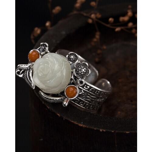 Anel Feminino Direct Selling Rose 2018 New S925 Pure Inlay Hetian Bai Yuna Restoring Ancient Ways Ms Roses Open Wholesale Ring