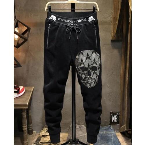 New Summer design new fashion brand mens casual hot drilling pants slim Leggings mens scalded skull elastic pants 2021