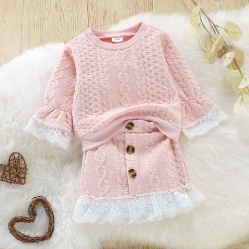 2 Pieces Autumn Outfits Baby Girl Clothes Lace Trim Round Neck Long Sleeve Sweater High Waist Skirt Set for Toddler 0-3 Years