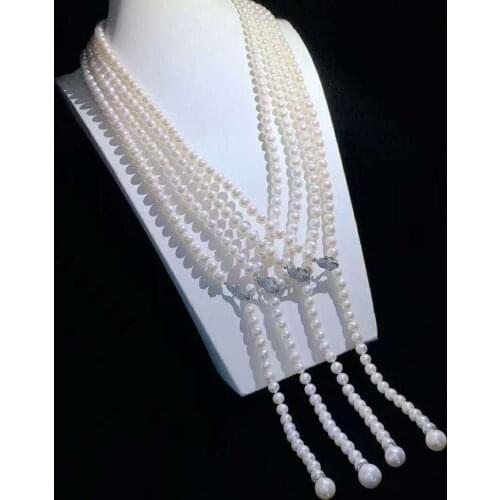 Hand knotted 100cm 8-9mm white nearly round freshwater pearl temperament micro inlay zircon necklace fashion jewelry