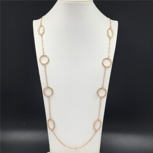 Trendy Worn Gold Color Plating Hammered Effect Circle Strand Long Necklace For Women Girl Sweater Decoration Jewelry Accessory