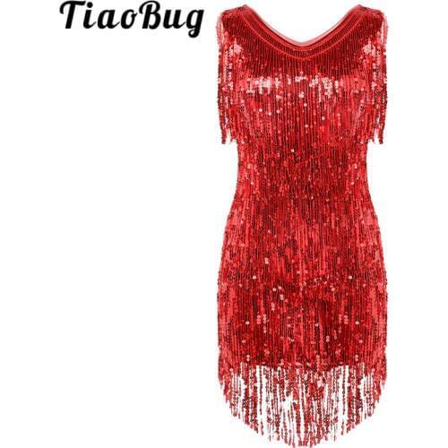 TiaoBug Women Ladies V Neck Sleeveless Sparkling Sequin Tassels Fringe Ballroom Samba Tango Stage Latin Dance Dress Rave Costume