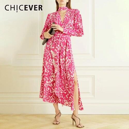 CHICEVER Floral Print Colorblock Dresses For Womens V Neck Long Sleeve Split Midi Dress Female Autumn Clothing 2021 Fashion New