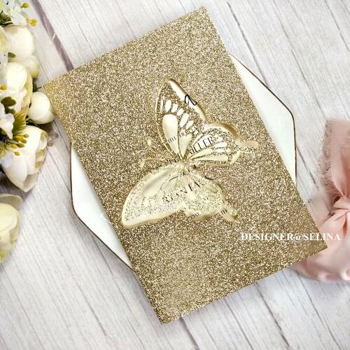 50pc Silver Butterfly Princess Invitation Card For Baby Birthday Party With Personalzied Printing DIY Glitter Laser Cut Invites