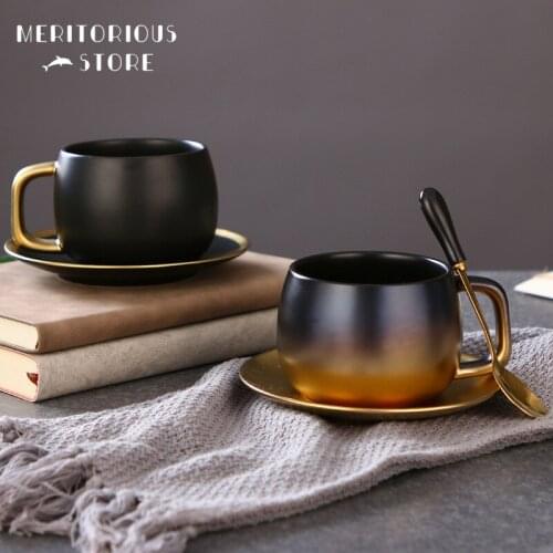 Luxury Elegant Porcelain Cup with Saucer Spoon Matte Ceramic Gold Black Coffee Mug Simple Teacup Gift for Men Boss Friend Couple