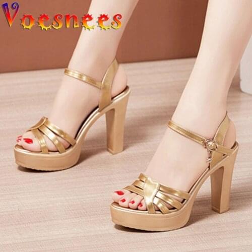 Shiny Cross Strap Womens Sandals Summer Thick Sole High Heels Simple Platform Fashion Office Shoes Sexy Party Dress Women Shoes