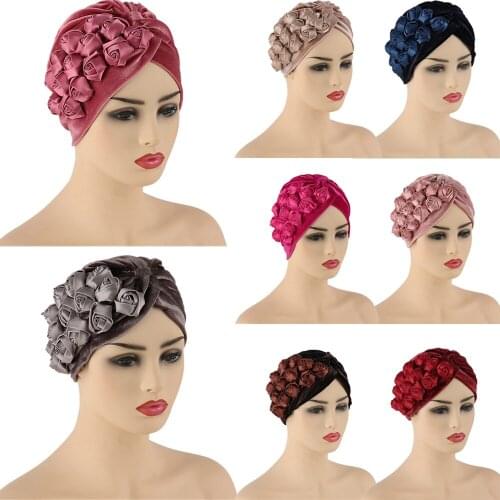 Women Flowers Ruffle Turban Caps Muslim Elastic Headscarf Bonnet Velour Ladies Hair Accessories Indian Cap Turbante Arab Fashion