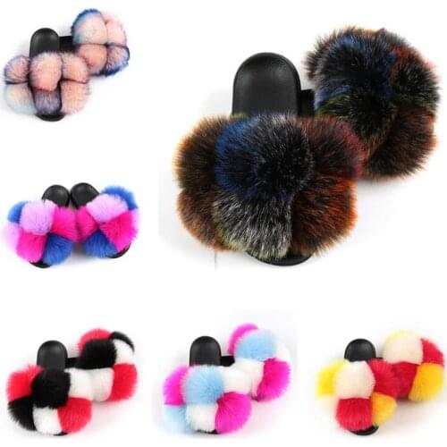 Autumn/winter new 2020 fur ball slippers womens outer wear sandals fashion fur home flat colored fur fox fur ms flip flop