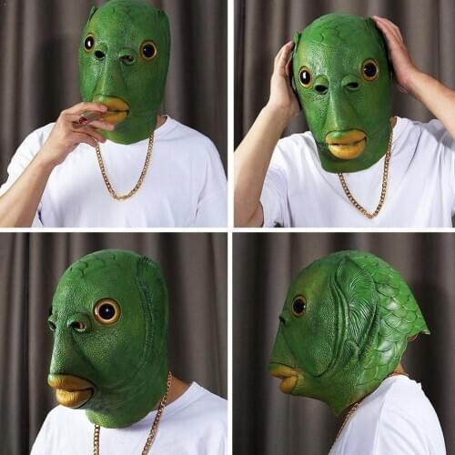 Snailify Green Fish Head Mask Rubber Party Helmet Animal Prop Party Headgear Hat Headgear Cosplay Fish For Purim N2I2