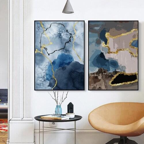 Modern Trendy Abstract Blue Gold Marble Posters Canvas Painting Wall Art Prints Pictures for Living Room Interior Home Decor