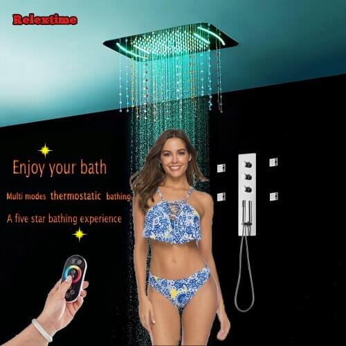 Thermostatic Concealed Shower Set Panel Bathroom Mixer Faucet Bath Tap Crystal quart Ceiling Shower Head Rain Mist Massage Jets