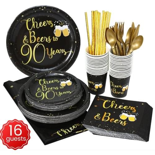 90th Cheers Beers Birthday Party Supplies Black Gold Tablewares Plates Napkins Dinnerware Mugs Graduation Wedding Decoration