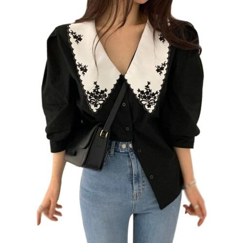Korean Vintage Women Office Tops Turn Down Collar Embroidery Blouses Ladies Elegant Single Breasted Casual Femme Blusas Mujer