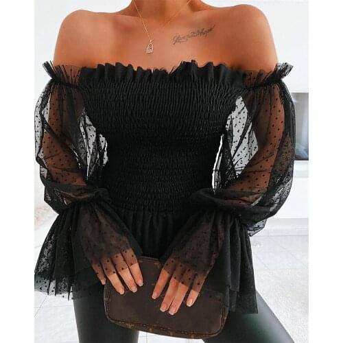 Sexy Women Mesh Blouse Off Shoulder Tops Fashion Sheer Long Flare Sleeve Lace Frill Shirts Women Solid Slim Slash Neck Tops