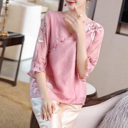 Vitnage Chinese Style Womens Clothing , Women Embroidery Yellow 3/4 Sleeve Chipao Top Shirt , 2020 Tops Blouses for Woman