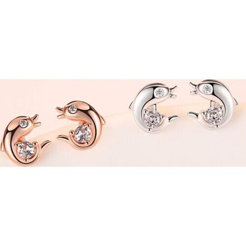 925 Sterling Sliver Rose Gold Color Fish/Dolphin Stud Earrings For Women Inlaid With Zircon/Crystal Fine Fashion 925 Jewelry