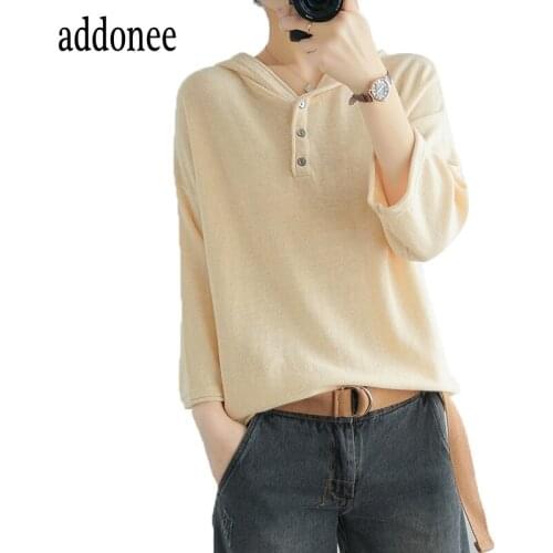 2020 Latest Spring Autumn Women Female Solid Cotton Knitted Sweater Pullover Hoodie Casual Loose Soft Fashion Button Breathable