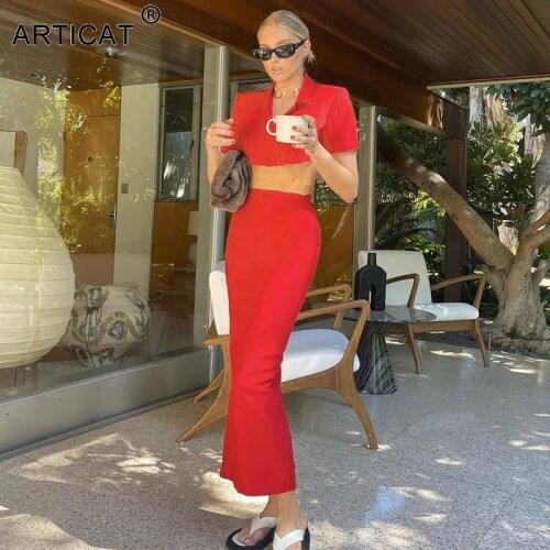 Articat Autumn Blazer Skirt 2 Piece Sets Women Single Button Short Blazes Long Skirts Female 2 Piece Set Simple Daily Clothing