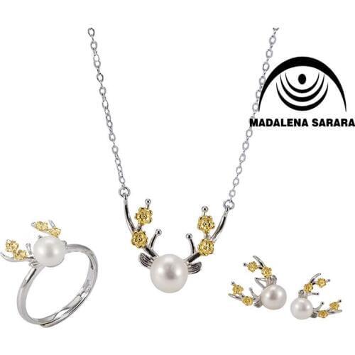 MADALENA SARARA AA Freshwater Pearl Sterling Silver 925 Pendant Necklace Set Wepiti Elk Asian Style Cute Girls Jewelry Set