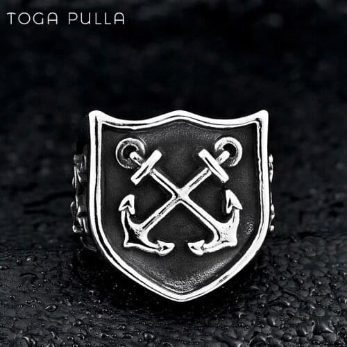 2020 Cool Signet Ring Vintage 316L Stainless Steel Mens Women Shield Anchor Ring Black Silver Color Gothic Punk Ring Jewelry