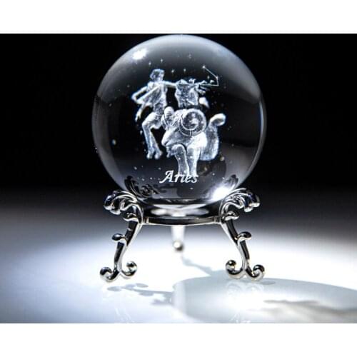 H&D 3D Laser Crystal Constellation Ball Paperweight Full Sphere Glass Art With Free Stand Fengshui Decor Birthday Gift (Aries)