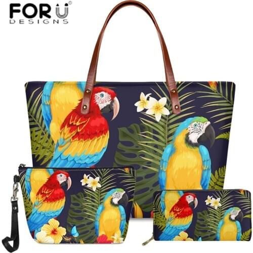 FORUDESIGNS Handbag for Women Hawaiian Plant parrot Prints Shoulder Bags Ladies Luxury Hand Bag&Purses Females Bolsa 3Pcs/Set